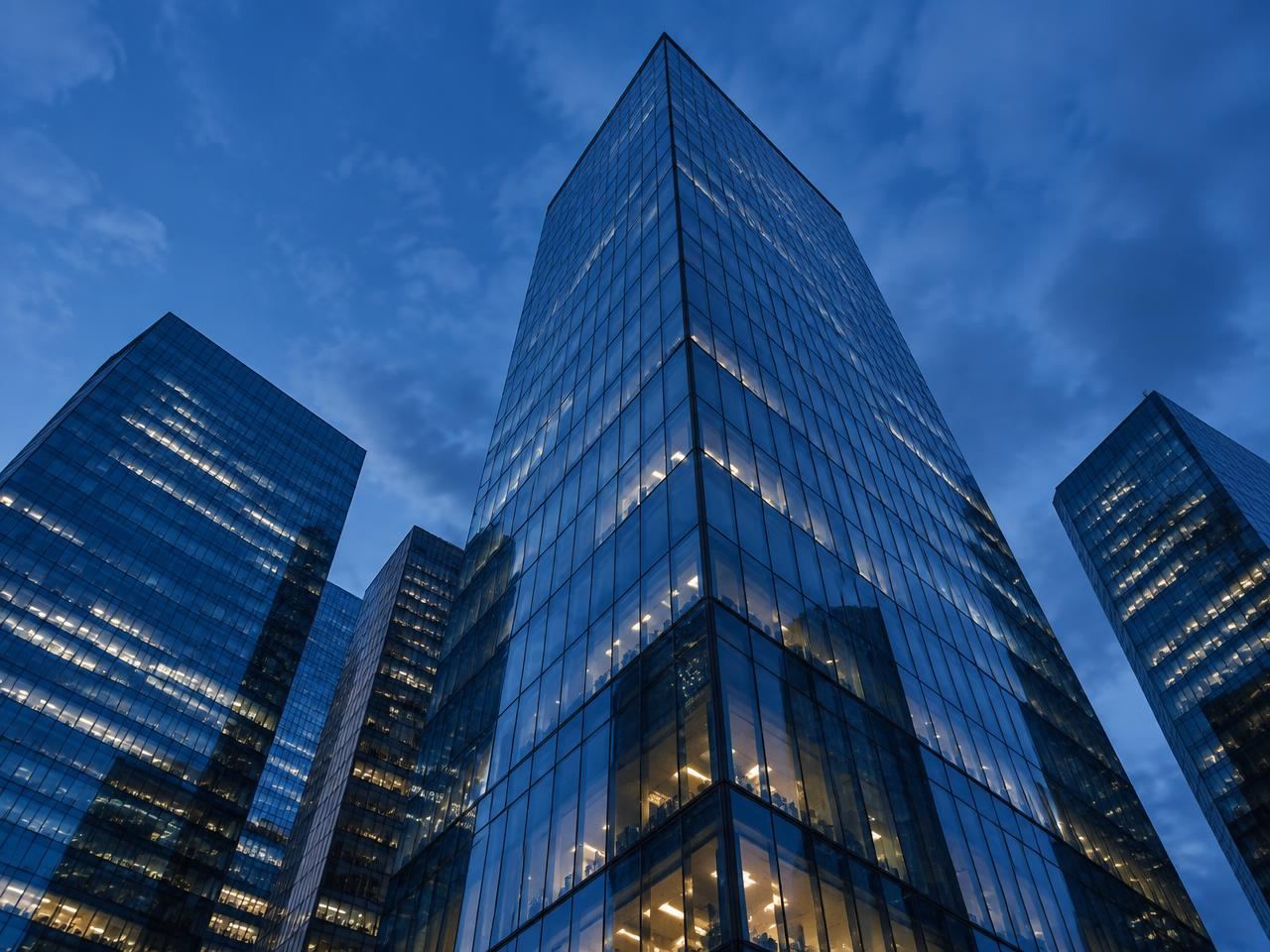 Architectural interior of a modern financial trading environment, treated in low saturation with a cool blue cast