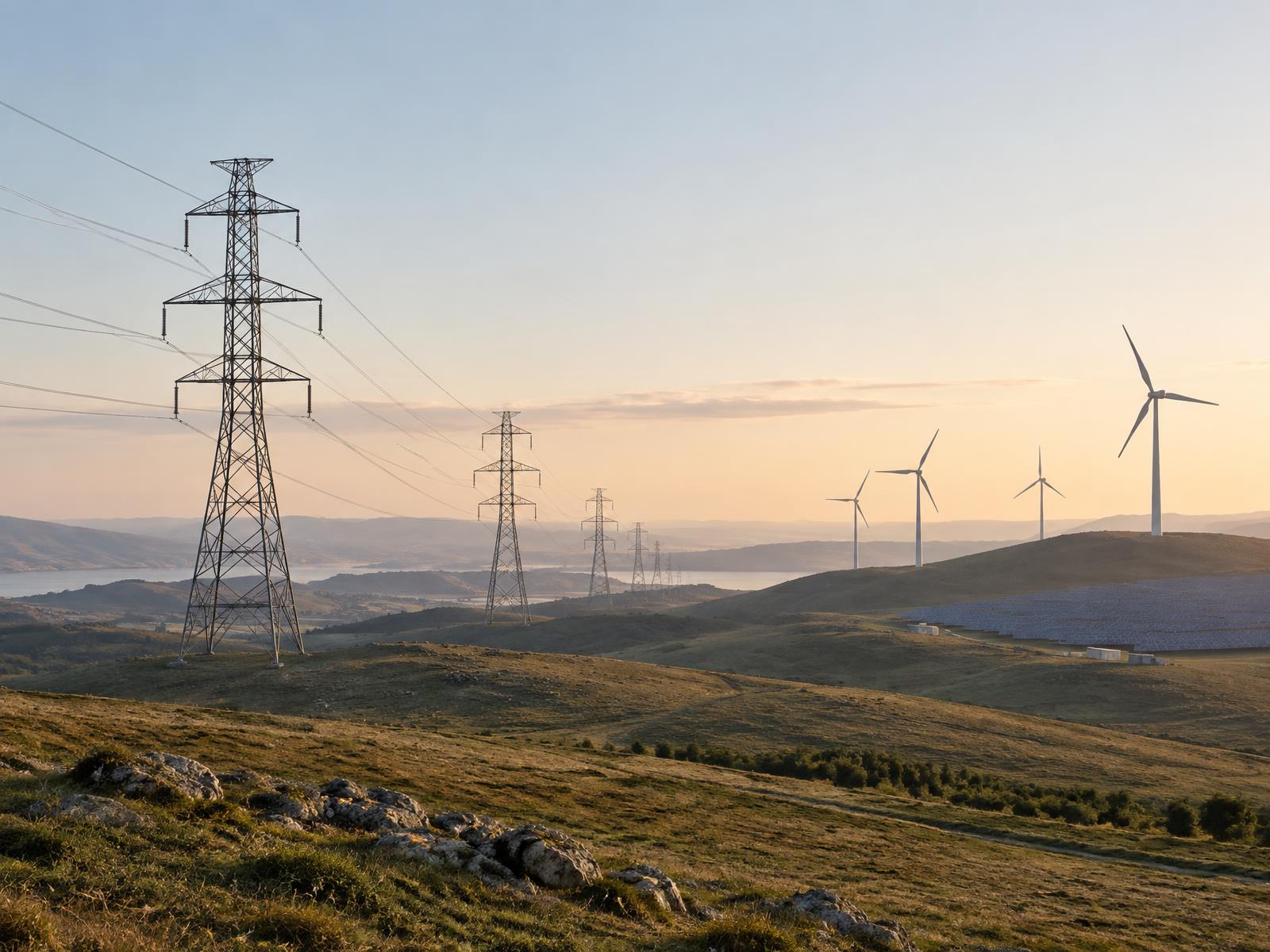 Transmission pylons crossing open hills in daylight, with wind turbines and a solar installation in the distance