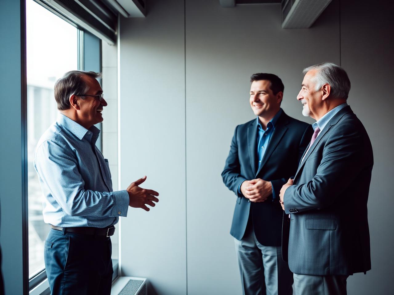 Two senior leaders in conversation beside a window in a modern office